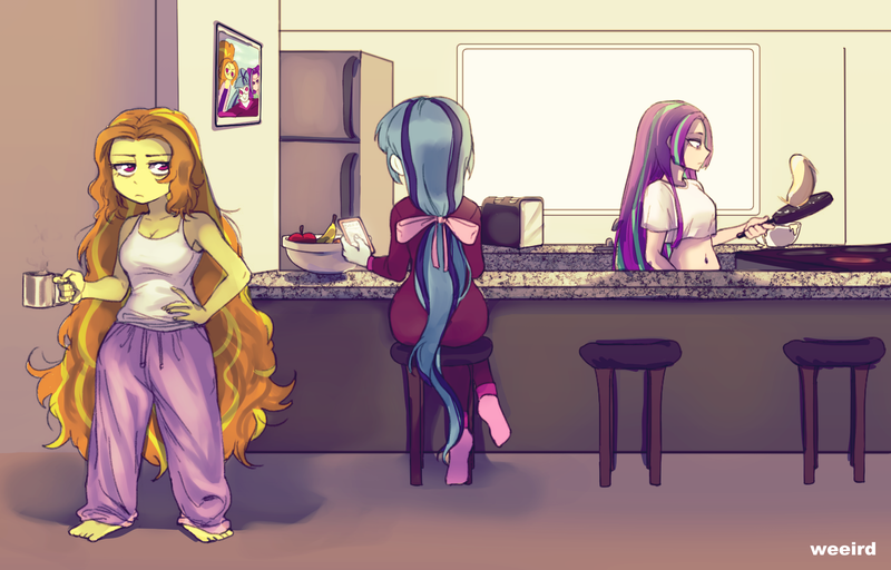 Size: 2244x1437 | Tagged: source needed, useless source url, safe, artist:ponut_joe, derpibooru import, adagio dazzle, aria blaze, sonata dusk, equestria girls, rainbow rocks, anime, apple, banana, barefoot, belly button, clothes, coffee mug, family photo, feet, female, food, kitchen, messy mane, midriff, mobile phone, morning ponies, mug, pajamas, pancakes, phone, refrigerator, resting bitch face, socks, the dazzlings, toaster, trio