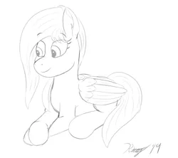 Size: 1800x1600 | Tagged: safe, artist:kalashnikitty, derpibooru import, oc, oc:flugel, pegasus, pony, black and white, crossed hooves, female, grayscale, laying on stomach, mare, monochrome, sketch, smiling, smirk, solo, wings