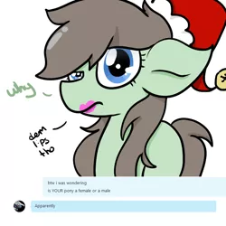 Size: 700x700 | Tagged: safe, artist:wisheslotus, derpibooru import, oc, oc:paradox, unofficial characters only, earth pony, pony, ask, christmas, earth pony oc, femboy, hat, holiday, lipstick, male, santa hat, solo, speech, stallion, talking, tumblr