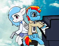 Size: 900x700 | Tagged: safe, artist:wisheslotus, derpibooru import, oc, oc:wishes, unofficial characters only, pegasus, pony, unicorn, clothes, cloud, coat, collaboration, duo, female, freckles, glasses, gun, horn, male, mare, musical instrument, necktie, pegasus oc, piano, sitting, smiling, stallion, unicorn oc, weapon, wings