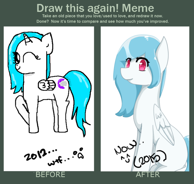 Size: 784x744 | Tagged: safe, artist:wisheslotus, derpibooru import, oc, oc:wishes, unofficial characters only, alicorn, pegasus, pony, alicorn oc, comparison, draw this again, female, horn, mare, one eye closed, pegasus oc, raised hoof, redraw, simple background, sitting, smiling, transparent background, wings, wink