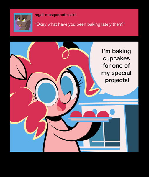 Size: 800x950 | Tagged: safe, artist:footsam, derpibooru import, pinkie pie, earth pony, pony, ask pinkie pie and tornado, ask, baking, colored, cupcake, flat colors, food, no pupils, oven, solo, tumblr