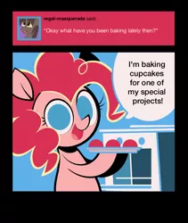 Size: 800x950 | Tagged: safe, artist:footsam, derpibooru import, pinkie pie, earth pony, pony, ask pinkie pie and tornado, ask, baking, colored, cupcake, flat colors, food, no pupils, oven, solo, tumblr