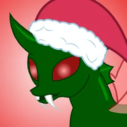 Size: 2000x2000 | Tagged: alternate version, artist:hybrid-changling, bust, changeling, changeling oc, christmas, christmas changeling, derpibooru import, fangs, gradient background, green changeling, hat, holiday, oc, oc:hybrid changeling, red eyes, safe, santa hat, solo, unofficial characters only