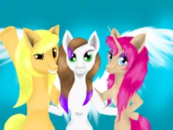 Size: 1600x1200 | Tagged: safe, artist:auroraswirls, derpibooru import, oc, oc:sky feather, unofficial characters only, earth pony, pegasus, pony, unicorn, earth pony oc, female, gradient background, horn, mare, pegasus oc, side hug, unicorn oc, waving, wings