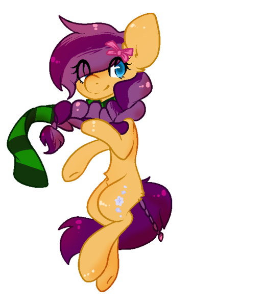 Size: 705x815 | Tagged: safe, artist:pomrawr, derpibooru import, oc, unofficial characters only, earth pony, pony, bow, braid, clothes, earth pony oc, eye clipping through hair, hair bow, heterochromia, scarf, simple background, smiling, solo, transparent background