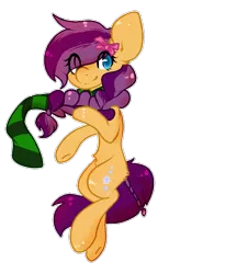 Size: 705x815 | Tagged: safe, artist:pomrawr, derpibooru import, oc, unofficial characters only, earth pony, pony, bow, braid, clothes, earth pony oc, eye clipping through hair, hair bow, heterochromia, scarf, simple background, smiling, solo, transparent background