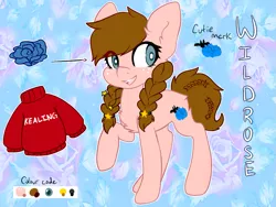 Size: 1035x780 | Tagged: safe, artist:pomrawr, derpibooru import, oc, oc:wild rose, unofficial characters only, earth pony, pony, braid, earth pony oc, eye clipping through hair, female, flower, mare, raised hoof, reference sheet, solo