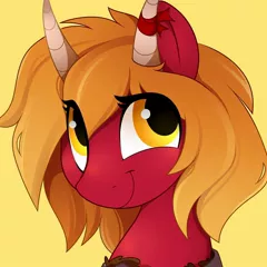 Size: 1080x1080 | Tagged: safe, artist:crimmharmony, derpibooru import, oc, oc:nagi, unofficial characters only, original species, pony, bow, bust, female, horn, looking up, mare, profile picture, ribbon, simple background, smiling, solo, yellow background