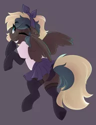 Size: 2160x2800 | Tagged: safe, artist:crimmharmony, derpibooru import, oc, oc:ephemeris, pegasus, pony, bow, clothes, cute, ear piercing, female, gray background, headband, looking at you, looking back, looking back at you, mare, miniskirt, ocbetes, one eye closed, panties, piercing, pleated skirt, pose, shirt, simple background, skirt, skirt lift, socks, solo, spread wings, stockings, thigh highs, underwear, wings, wink, zettai ryouiki