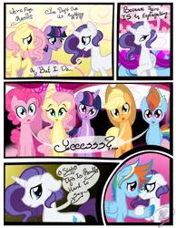 Size: 3500x4500 | Tagged: safe, artist:becauseimpink, derpibooru import, applejack, fluttershy, pinkie pie, rainbow dash, rarity, twilight sparkle, earth pony, pegasus, pony, unicorn, comic:transition, applejack (male), blushing, bubble berry, butterscotch, comic, confused, dialogue, dusk shine, elusive, eyes closed, floppy ears, freckles, frown, hat, male, mane six, rainbow blitz, rule 63, stallion, transgender, unshorn fetlocks, worried