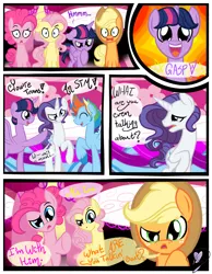 Size: 3500x4500 | Tagged: safe, artist:becauseimpink, derpibooru import, applejack, fluttershy, pinkie pie, rainbow dash, rarity, twilight sparkle, earth pony, pegasus, pony, unicorn, comic:transition, applejack (male), bubble berry, butterscotch, comic, confused, dialogue, dusk shine, elusive, eyes closed, freckles, hat, male, mane six, rainbow blitz, raised hoof, rule 63, smiling, stallion, surprised, thinking, transgender, wide eyes