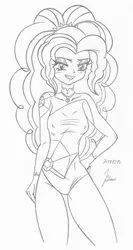 Size: 682x1280 | Tagged: suggestive, artist:moaja, derpibooru import, adagio dazzle, equestria girls, breasts, erect nipples, female, grin, lidded eyes, monochrome, nipple outline, sketch, smiling, solo, solo female