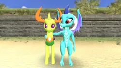 Size: 1280x720 | Tagged: safe, artist:andrescortez7, derpibooru import, princess ember, thorax, changedling, changeling, dragon, 3d, dragoness, embrax, female, gmod, interspecies, king thorax, male, shipping, straight