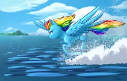 Size: 2620x1680 | Tagged: safe, artist:lorenz3, artist:notaletolivefor, derpibooru import, rainbow dash, pegasus, pony, awesome, cloud, cloudy, female, flying, mare, ocean, running, solo, splashing, spread wings, water, wings