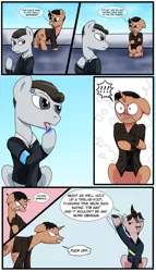 Size: 2100x3680 | Tagged: safe, artist:wolftenpr0nz, derpibooru import, earth pony, kirin, pegasus, pony, unicorn, blue blood, clothes, comic, crossed arms, crossover, detroit: become human, dialogue, female, gavin reed, gay, hoof licking, hooves, implied shipping, jacket, licking, male, nines, rk900, sitting, stallion, thirium, tongue out, tsundere, video game, vulgar