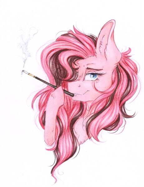 Size: 784x1020 | Tagged: safe, artist:scootiegp, derpibooru import, oc, oc:scarlett blade, unofficial characters only, pegasus, pony, bust, cigarette, cigarette holder, commission, female, mare, portrait, smoking, solo, traditional art