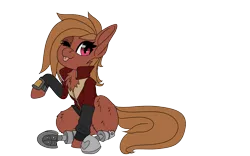 Size: 1920x1200 | Tagged: safe, artist:brainiac, derpibooru import, oc, oc:gear box, unofficial characters only, earth pony, pony, 2020 community collab, derpibooru community collaboration, amputee, clothes, coat, female, prosthetic limb, prosthetics, simple background, sitting, solo, tongue out, transparent background