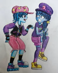Size: 2598x3305 | Tagged: safe, artist:bozzerkazooers, artist:jebens1, derpibooru import, space camp (character), oc, oc:sapphire night, equestria girls, equestria girls series, clothes, hat, music festival, music festival outfit, shocked, shoes, sneakers, startled, traditional art
