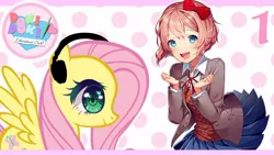 Size: 1280x720 | Tagged: safe, artist:vannamelon, derpibooru import, fluttershy, human, pegasus, pony, clothes, doki doki literature club, headphones, sayori, thumbnail, vannamelon