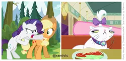 Size: 5478x2678 | Tagged: angry, applejack, artist:cheezedoodle96, artist:ramivic, backdrop, cheese, derpibooru import, diner, food, forest, hat, lettuce, meme, opalescence, pinkie pie, rarity, safe, sandwich, show accurate, sneer, tomato, vector, woman yelling at a cat