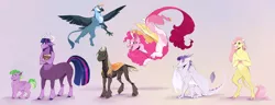 Size: 4500x1730 | Tagged: safe, artist:vindhov, derpibooru import, applejack, fluttershy, pinkie pie, rainbow dash, rarity, spike, twilight sparkle, ponified, centaur, changeling, draconequus, dragon, gryphon, minotaur, pegasus, pony, alternate universe, book, book of harmony, centaur twilight, centaurified, changelingified, colored hooves, colt, draconequified, dragoness, dragonified, ear tag, female, griffonized, male, mane seven, mane six, minotaurified, orange changeling, pinkonequus, ponified spike, rainbow griffon, raridragon, simple background, species swap, story included