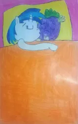 Size: 459x720 | Tagged: bed, derpibooru import, female, kissing, kiss on the cheek, male, safe, shipping, spike, straight, traditional art, vinyl scratch, vinylspike