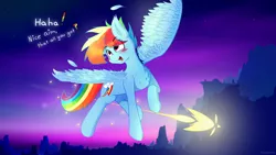 Size: 2560x1440 | Tagged: artist:fuzzypones, blushing, blush sticker, colored, derpibooru import, evening sky, female, flying, in air, mountain, mountain range, rainbow dash, safe, smiling, solo, text