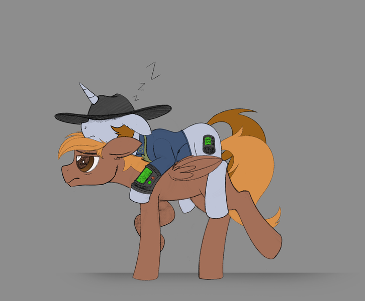 Size: 2332x1926 | Tagged: safe, artist:allyster-black, derpibooru import, oc, oc:calamity, oc:littlepip, unofficial characters only, pegasus, pony, unicorn, fallout equestria, fanfic, bags under eyes, carrying, clothes, cowboy hat, cute, dashite, fanfic art, female, floppy ears, hat, hooves, horn, male, mare, onomatopoeia, pipbuck, piplamity, ponies riding ponies, riding, simple background, sleeping, sound effects, stallion, vault suit, wings, zzz