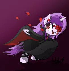 Size: 1280x1325 | Tagged: safe, artist:livehotsun, derpibooru import, oc, oc:purple eye, unofficial characters only, pony, unicorn, vampire, cape, clothes, costume, female, flower, mare, nightmare night, nightmare night costume, solo