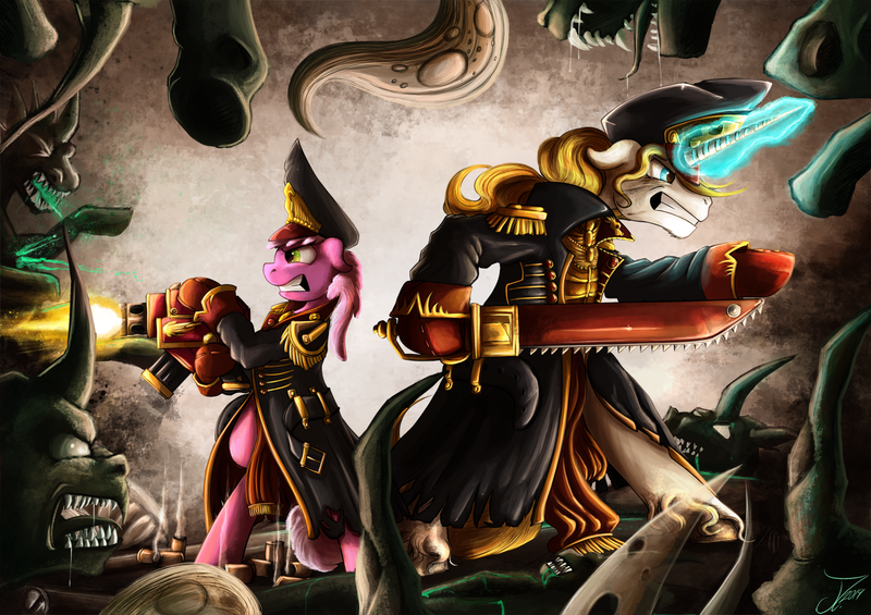 Size: 1500x1060 | Tagged: semi-grimdark, artist:jamescorck, derpibooru import, cheerilee, prince blueblood, changeling, pony, bipedal, blood, bolt pistol, chainsword, commissar, green blood, gun, magic, sword, warhammer (game), warhammer 40k, weapon