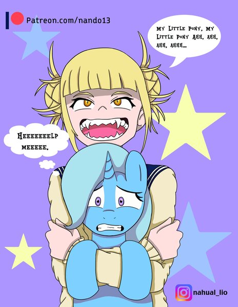 Size: 2550x3300 | Tagged: safe, artist:nando13, derpibooru import, trixie, human, pony, unicorn, anime, crossover, fangs, female, himiko toga, humanized, mare, my hero academia, patreon, patreon logo, sharp teeth, singing, speech bubble, teeth