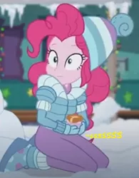 Size: 304x389 | Tagged: safe, artist:thedarkpony, derpibooru import, edit, edited screencap, screencap, pinkie pie, equestria girls, equestria girls series, holidays unwrapped, spoiler:eqg series (season 2), clothes, cropped, female, fetish, implied pissing, implied urine, implied wetting, onomatopoeia, pee edit, solo, urine, watersports, winter outfit