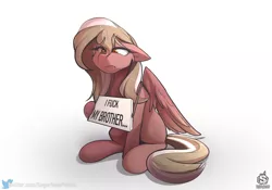 Size: 2581x1805 | Tagged: suggestive, artist:sugarlesspaints, derpibooru import, oc, oc:copper crescendo, unofficial characters only, pegasus, pony, female, floppy ears, frown, incest, mare, meme, patreon, patreon reward, pony shaming, sad, sign, simple background, sitting, solo, solo female, vulgar, white background
