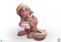Size: 2581x1805 | Tagged: suggestive, artist:sugarlesspaints, derpibooru import, oc, oc:copper crescendo, unofficial characters only, pegasus, pony, akanbe, anal only, eyelid pull, female, floppy ears, implied anal, implied sex, incest, looking at you, mare, meme, middle feather, middle finger, open mouth, patreon, patreon reward, pony shaming, sign, simple background, sitting, solo, solo female, taunt, tongue out, vulgar, white background, wing hands, wings