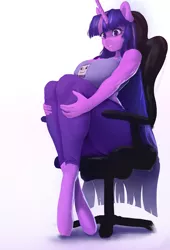 Size: 814x1200 | Tagged: source needed, suggestive, artist:maarthul, derpibooru import, twilight sparkle, anthro, unguligrade anthro, unicorn, big breasts, breasts, bup, busty twilight sparkle, clothes, cute, female, gaming chair, leggings, muscles, simpleflips, sitting, solo, twiabetes, unicorn twilight