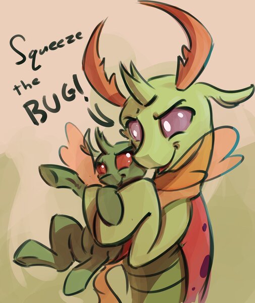 Size: 1441x1712 | Tagged: artist:kam, changedling, changedling oc, changeling, changeling oc, cuddling, cute, derpibooru import, hug, king thorax, nymph, oc, oc:apex, papa thorax, safe, speech bubble, thorabetes, thorax