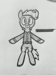 Size: 3024x4032 | Tagged: safe, artist:modocrisma, derpibooru import, ponified, earth pony, pony, fallout equestria, fanfic, fanfic:vault 147, alternate design, alternate universe, au:v147, clothes, design, doodle, fallout, fanfic art, floating, grin, looking at you, monochrome, old art, paper, pencil drawing, photo, simple, sketch, smiling, solo, traditional art, vault boy, vault suit