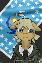 Size: 2000x3000 | Tagged: safe, artist:devorierdeos, derpibooru import, oc, oc:oasis (shino), unofficial characters only, earth pony, pony, clothes, equestrian flag, female, floppy ears, looking at you, mare, military, smiling, solo, uniform