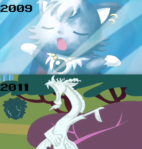 Size: 700x738 | Tagged: anime, artist:mega-poneo, cat, comparison, crossover, derpibooru import, dian, discord, draconequus, edit, edited screencap, eyes closed, frozen, jewelpet, mega poneo strikes again, petrification, safe, sanrio, screencap, sega, the return of harmony