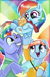 Size: 1325x2048 | Tagged: safe, artist:sophieascruggs, derpibooru import, bow hothoof, rainbow dash, windy whistles, pegasus, pony, 1st place, bowabetes, cute, dashabetes, family, female, filly, filly rainbow dash, male, mare, medal, open mouth, rainbow, smiling, stallion, trio, windybetes, younger