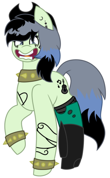 Size: 705x1134 | Tagged: safe, artist:midnightamber, derpibooru import, oc, oc:southern gothic, unofficial characters only, earth pony, pony, icey-verse, angry, boots, bracelet, choker, clothes, cowboy boots, cowboy hat, ear piercing, earring, female, hat, jewelry, looking at you, magical lesbian spawn, mare, multicolored hair, offspring, parent:beauty brass, parent:fiddlesticks, parents:fiddlebrass, piercing, shoes, simple background, socks, solo, spiked choker, spiked wristband, stockings, tattoo, thigh highs, torn clothes, transparent background, wristband