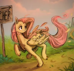 Size: 758x725 | Tagged: semi-grimdark, artist:duckjifs246, derpibooru import, fluttershy, pegasus, pony, butcher, escape, feather, female, gritted teeth, hoofprints, looking back, mare, nervous, outdoors, road, running, semi-grimdark in the description, sign, solo, spread wings, unshorn fetlocks, wings