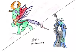 Size: 2472x1712 | Tagged: artist:gafelpoez, bob dylan, changedling, changeling, changeling queen, derpibooru import, female, king thorax, male, queen chrysalis, safe, the simpsons, thorax, traditional art