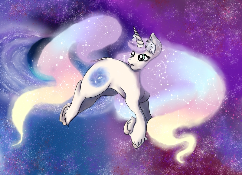 Size: 5800x4200 | Tagged: safe, artist:sugar lollipop, derpibooru import, oc, oc:purple galaxia, unofficial characters only, pony, unicorn, complex background, cute, ear fluff, female, floating, full body, galaxy, glowing hair, horn, looking back, mare, original character do not steal, outdoors, pastel, solo, unicorn oc