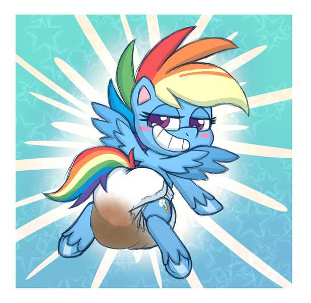 Size: 1852x1804 | Tagged: questionable, artist:fillyscoots42, artist:hodgepodgedl, derpibooru import, edit, editor:hodgepodgedl, rainbow dash, pegasus, pony, my little pony: pony life, blushing, diaper, diaper fetish, fetish, messy diaper, poofy diaper, solo