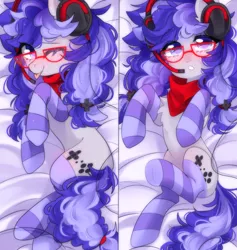 Size: 1442x1518 | Tagged: safe, artist:whiteliar, derpibooru import, oc, oc:cinnabyte, unofficial characters only, earth pony, pony, :p, adorkable, bandana, body pillow, body pillow design, chest fluff, clothes, cute, dork, female, gaming headset, glasses, headphones, headset, mare, ocbetes, shy, silly, socks, solo, stockings, striped socks, thigh highs, tongue out