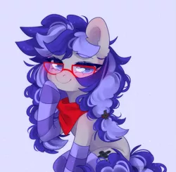 Size: 1477x1449 | Tagged: safe, artist:whiteliar, derpibooru import, oc, oc:cinnabyte, unofficial characters only, earth pony, pony, adorkable, bandana, blushing, clothes, cute, dork, ear fluff, glasses, gray background, looking at you, ocbetes, simple background, smug, socks, solo, striped socks