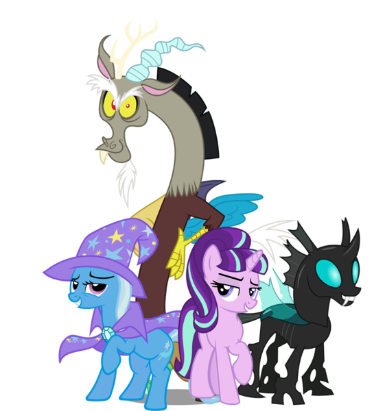 Size: 1889x2022 | Tagged: source needed, safe, artist:bluetech, artist:cezaryy, artist:dashiesparkle, artist:misterlolrus, derpibooru import, discord, starlight glimmer, thorax, trixie, changeling, draconequus, pony, unicorn, cape, clothes, female, hat, looking at you, looking left, male, mare, reformed four, s5 starlight, simple background, smiling, smiling at you, transparent background, trixie's cape, trixie's hat, vector