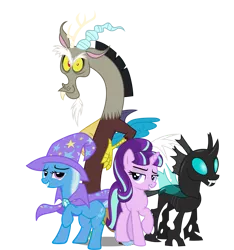 Size: 1889x2022 | Tagged: source needed, safe, artist:bluetech, artist:cezaryy, artist:dashiesparkle, artist:misterlolrus, derpibooru import, discord, starlight glimmer, thorax, trixie, changeling, draconequus, pony, unicorn, cape, clothes, female, hat, looking at you, looking left, male, mare, reformed four, s5 starlight, simple background, smiling, smiling at you, transparent background, trixie's cape, trixie's hat, vector